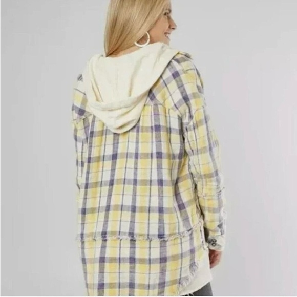 FREE PEOPLE Calico Basin Plaid Hooded Shacket Ivory Blue Combo Medium - Picture 3 of 14